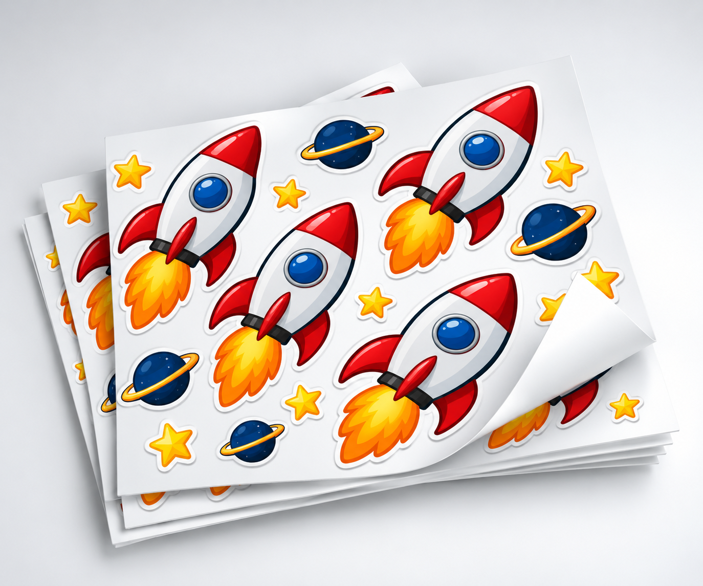Stickerbogen mit Raketen, Sternen und Planeten